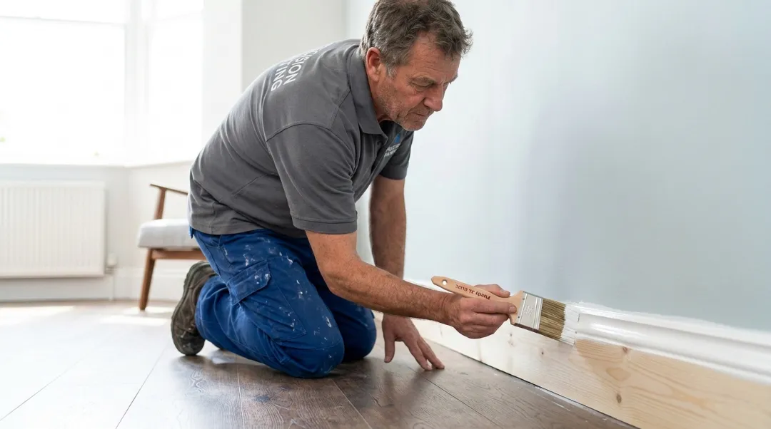 Professional painter using the best paint brush for trim while painting white baseboard on hardwood floor