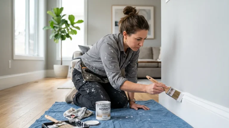 Professional painter using the best paint brush for trim while applying white latex paint to a baseboard with an angled sash brush in a modern living room