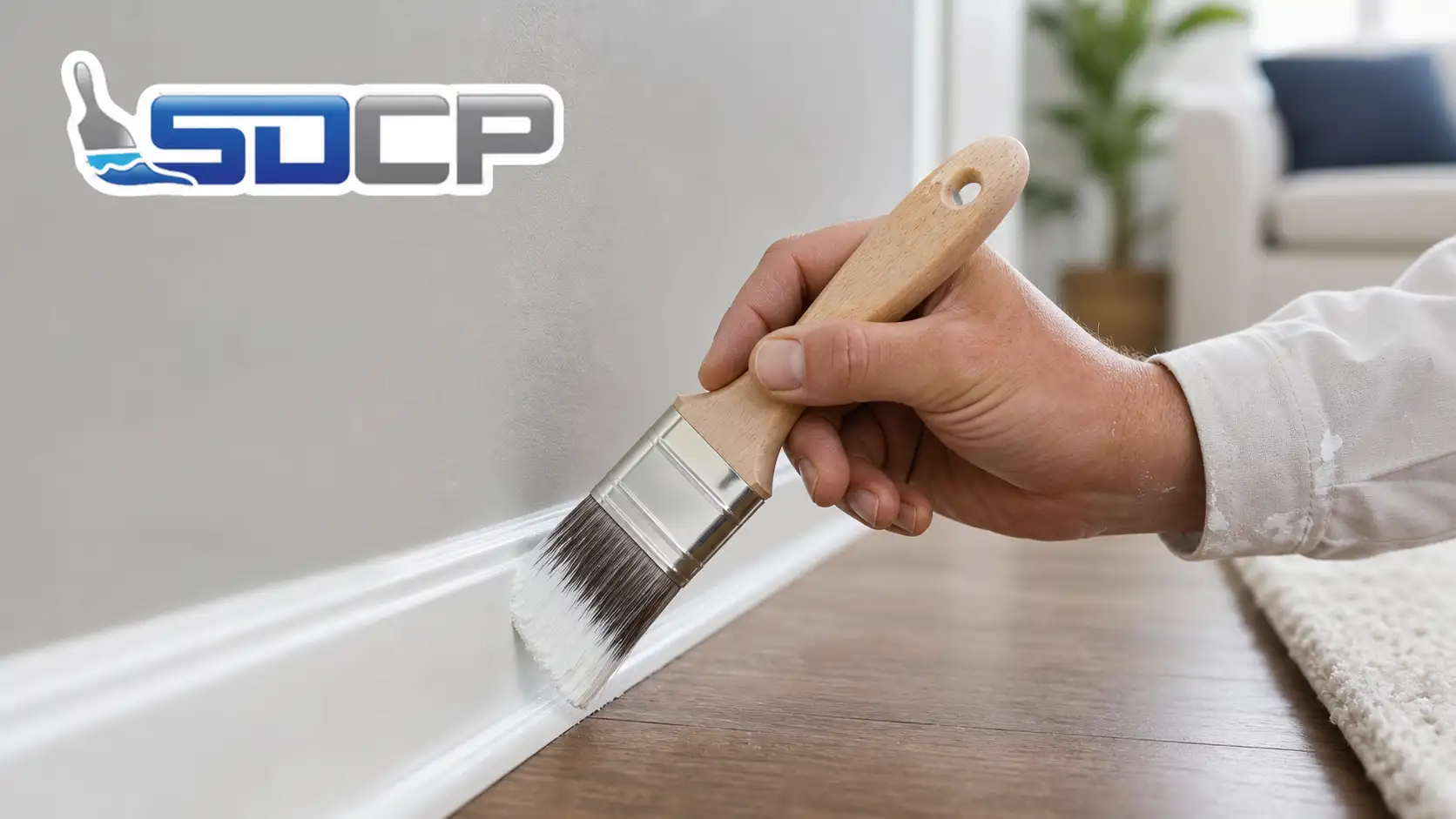Professional painter applying white semi-gloss paint on a baseboard using the best paint brush for trim an angled sash brush with a wood handle in a modern living room