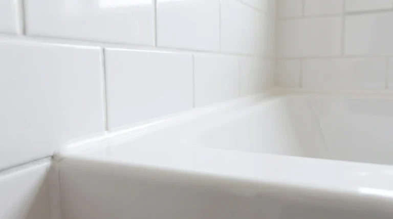 Clean white silicone caulk sealing the joint between white subway tiles and a bathtub edge