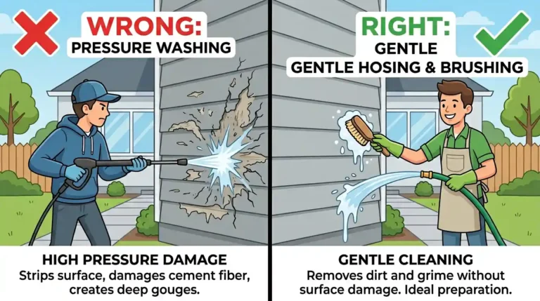 Wrong vs right way to clean fiber cement siding before painting pressure washing causes surface damage, garden hose and soft brush is the correct method