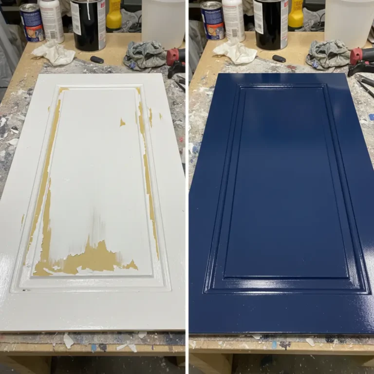 Common laminate cabinet painting mistakes comparison showing peeling paint and exposed surface versus smooth professional navy blue finish.