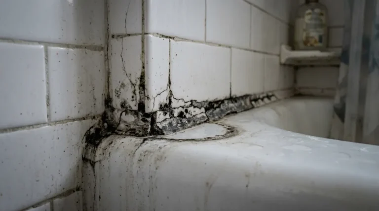 Cracked and moldy grout line at tub and tile joint in a neglected bathroom shower corner