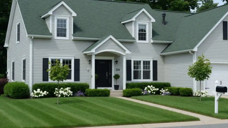 Light gray house with dark green roof, black shutters, black front door, white trim, and landscaped front yard showing modern curb appeal