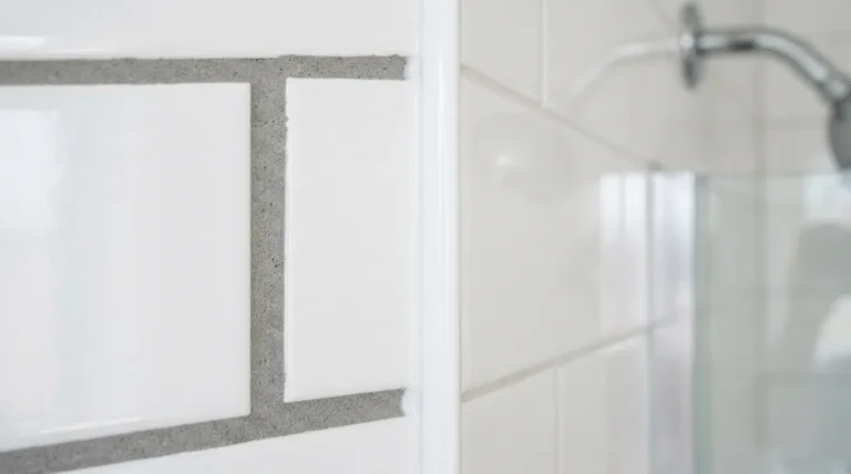 Close-up of white bathroom tiles showing gray grout lines and white caulk seal in shower corner