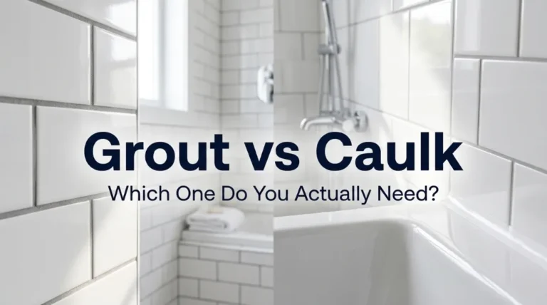 Grout vs caulk guide showing white subway tiles and bathtub in a clean bathroom shower