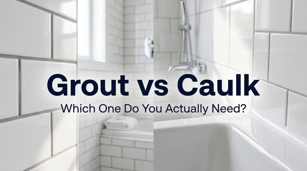 Grout vs caulk guide showing white subway tiles and bathtub in a clean bathroom shower