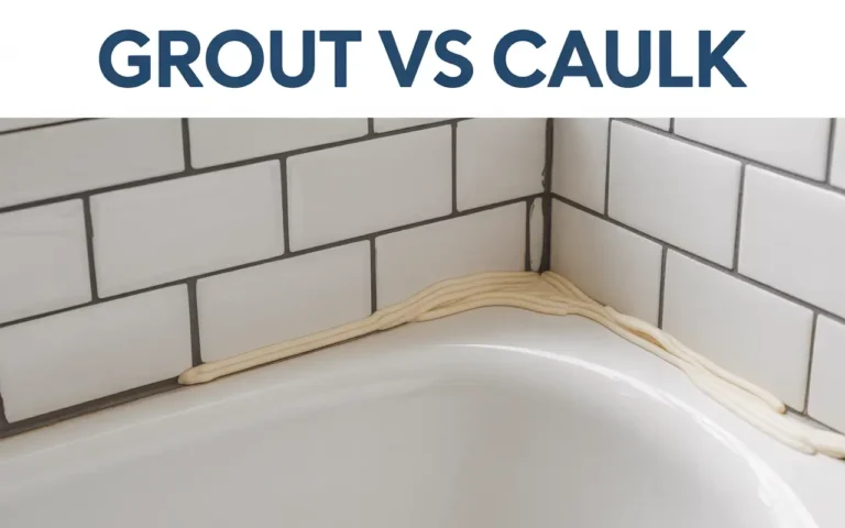 Grout vs caulk: Heavy bead of tan caulk applied in a shower corner where white subway tile meets a white bathtub.