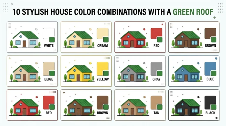 10 house color combinations with a green roof including white, gray, beige, brown, tan, yellow, blue, red, and black siding options