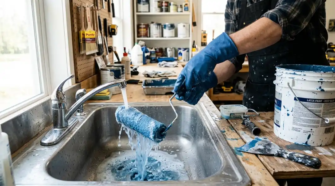 A person in blue rubber gloves cleaning a paint roller under running water in a utility sink with a latex paint bucket and putty knife on the workbench