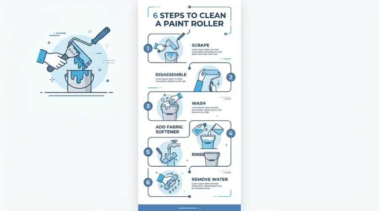 Infographic showing 6 steps to clean a paint roller including scrape, disassemble, wash, add fabric softener, rinse, and remove water