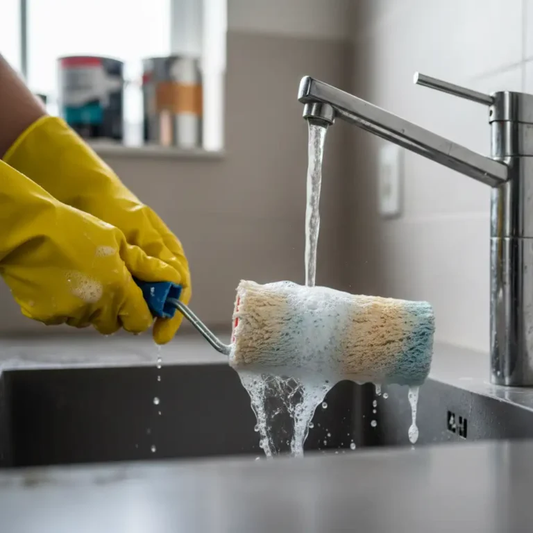 Person in yellow gloves demonstrates how to clean paint rollers under running water in kitchen sink with soap suds.