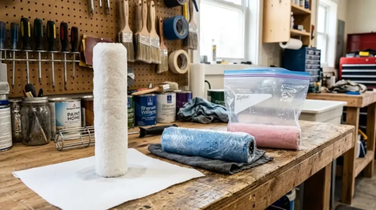 A clean white roller cover standing upright to air dry on a workbench next to a roller wrapped in plastic wrap and two roller covers stored in a resealable plastic bag