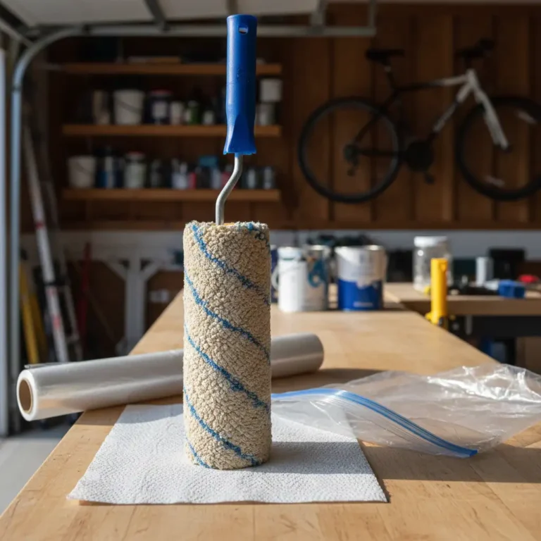 Clean paint roller standing upright on paper towel to dry with plastic wrap and storage materials in garage workshop.