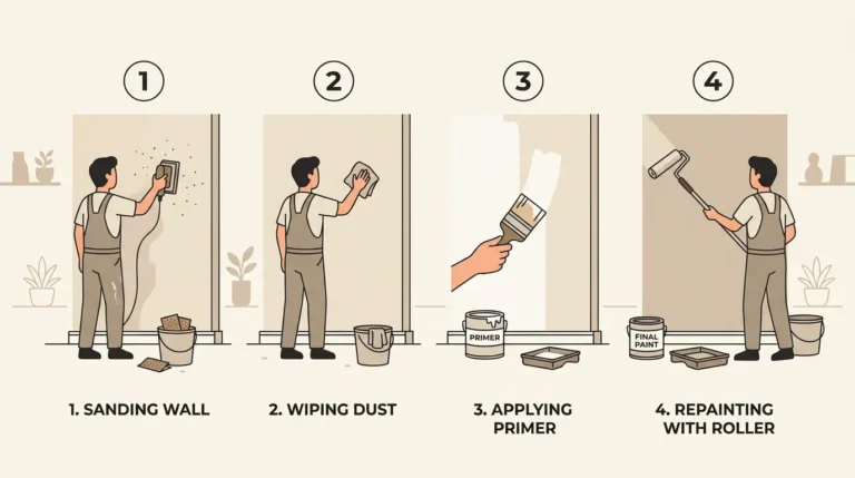 Step-by-step illustration showing how to fix dried paint streaks on walls sanding wall, wiping dust, applying primer, and repainting with roller