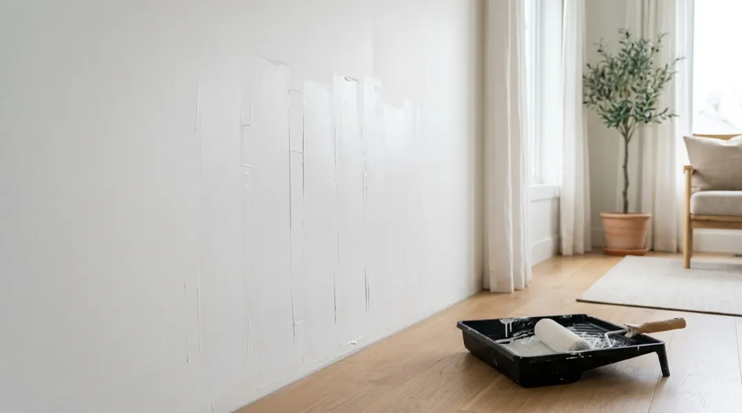 How to fix paint streaks on walls using a paint roller and tray in a bright interior room