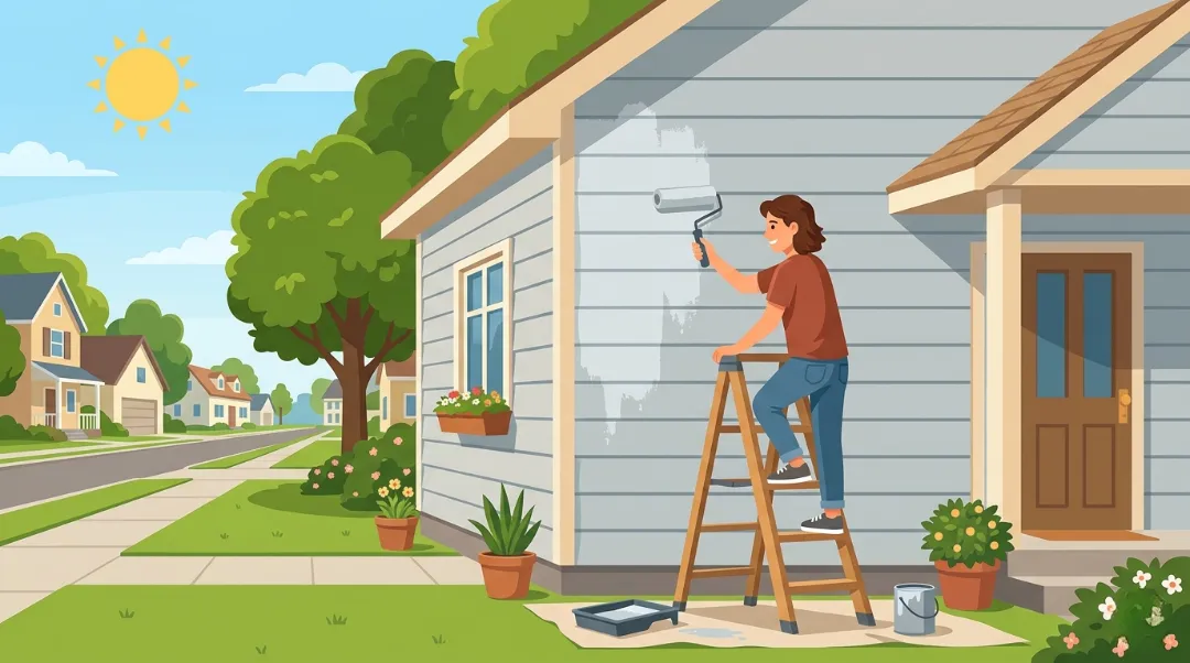 A person painting cement board siding on a house exterior using a paint roller on a ladder, sunny day, suburban neighborhood