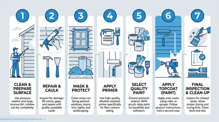 7-step infographic showing how to paint cement board siding, covering surface prep, caulking, priming, paint selection, and final inspection