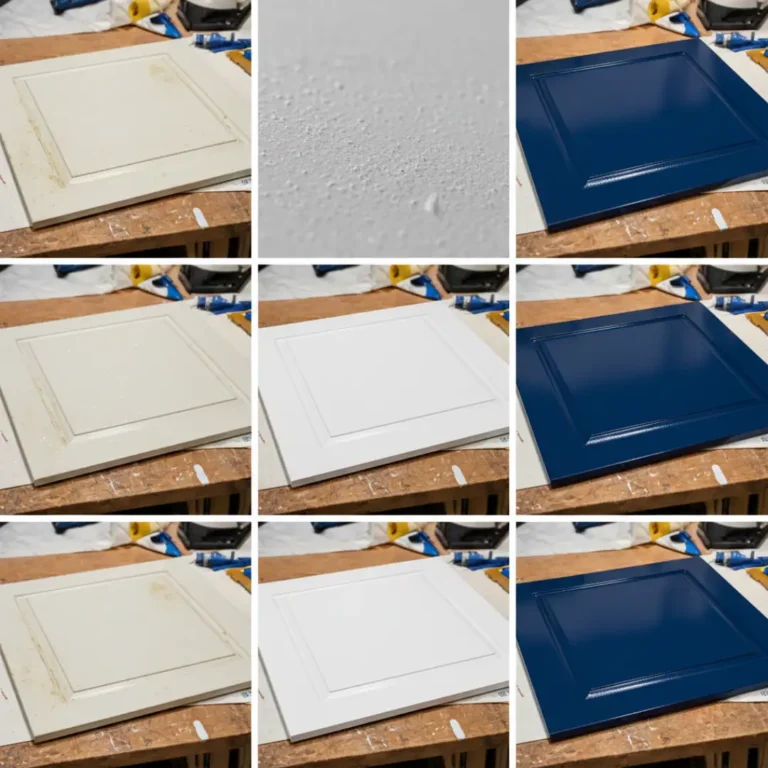 Step-by-step guide showing laminate cabinet door painting process from bare surface through sanding, priming, and final navy blue paint finish.