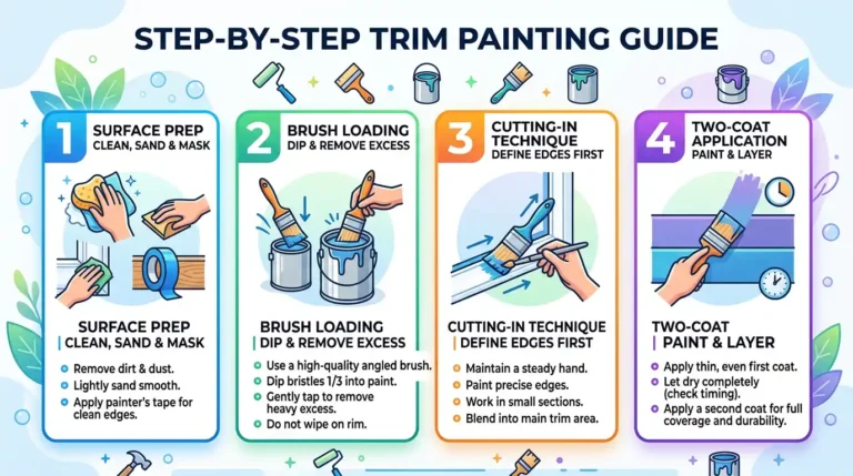 Step-by-step infographic showing how to paint trim and baseboards the right way — surface prep, brush loading, cutting-in technique, and two-coat application using an angled sash brush