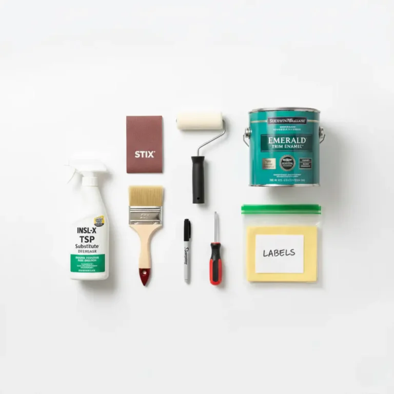 Essential tools and materials needed for painting laminate cabinets including STIX bonding primer, TSP degreaser, Sherwin-Williams paint, roller, brush, sandpaper, screwdriver, and labels.