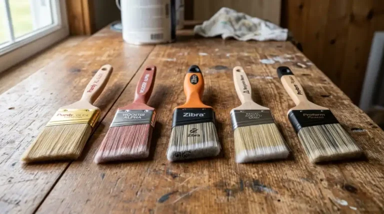Five top-rated trim paint brushes lined up on a wooden workbench including Purdy, Wooster, Zibra, Benjamin Moore, and Proform