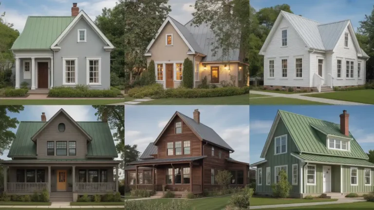 Five best house color combinations with green roofs - gray, beige, white, brown, and sage green exteriors