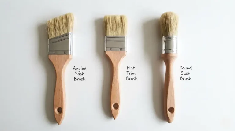 Three types of paint brushes for trim work - angled sash brush, flat trim brush, and round sash brush with wood handles on white background.