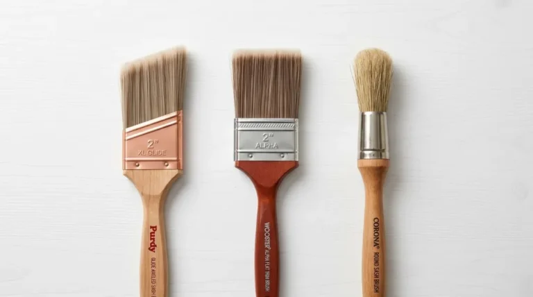 Three types of paint brushes used for trim work — Purdy angled sash, Wooster flat trim, and Corona round sash brush on white background