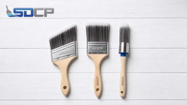 Best paint brush for trim: Three professional trim paint brushes side by side angled sash brush, flat trim brush, and short sash brush with synthetic bristles, metal ferrules, and wood handles on a white surface
