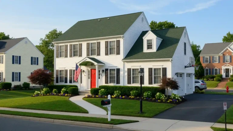 White house with dark green roof, brown shutters, red front door, and landscaped yard showing classic curb appeal