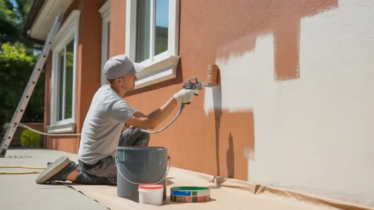 Painting stucco exterior with roller applying first coat of terracotta color paint over white primer