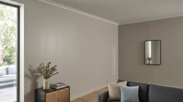 Best paint finish for ceilings and walls — modern living room showing flat finish ceiling and satin finish walls in matching warm greige tone.