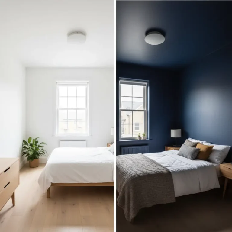 Before and after comparison showing pros and cons of painting ceiling same color as walls in bedroom with white versus navy blue.