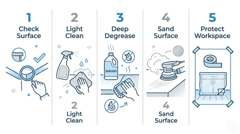 Five prep steps for painting Formica countertops including check surface, light clean, deep degrease with acetone, sand with orbital sander, and protect workspace with painter's tape