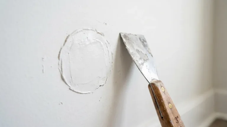 Close-up of white spackle applied to a drywall hole with a 3-inch putty knife, showing how long does spackle take to dry before painting