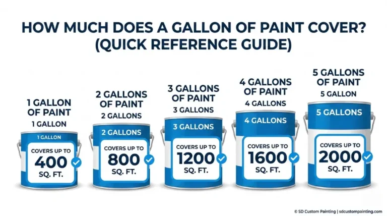 Infographic showing paint gallon coverage chart from 1 gallon covers 400 sq ft up to 5 gallons covers 2000 sq ft by SD Custom Painting