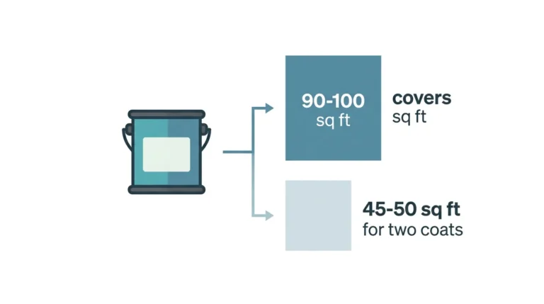 Infographic showing how many square feet does a quart of paint cover: 90-100 sq ft for one coat, 45-50 sq ft for two coats