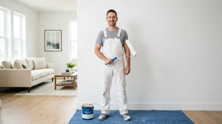 Professional painter holding a roller next to a paint gallon can showing how much does a gallon of paint cover on interior walls