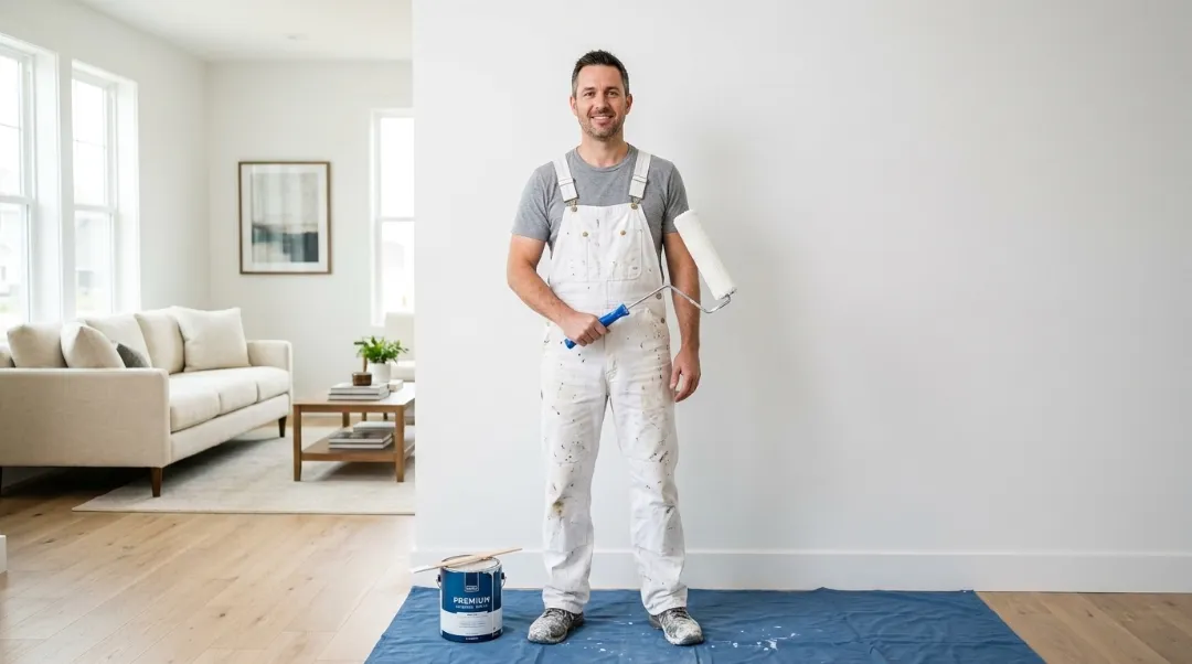 Professional painter holding a roller next to a paint gallon can showing how much does a gallon of paint cover on interior walls