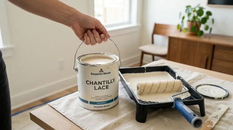 Hand lifting a Benjamin Moore Chantilly Lace paint can to show how much does a quart of paint cover before rolling onto a tray