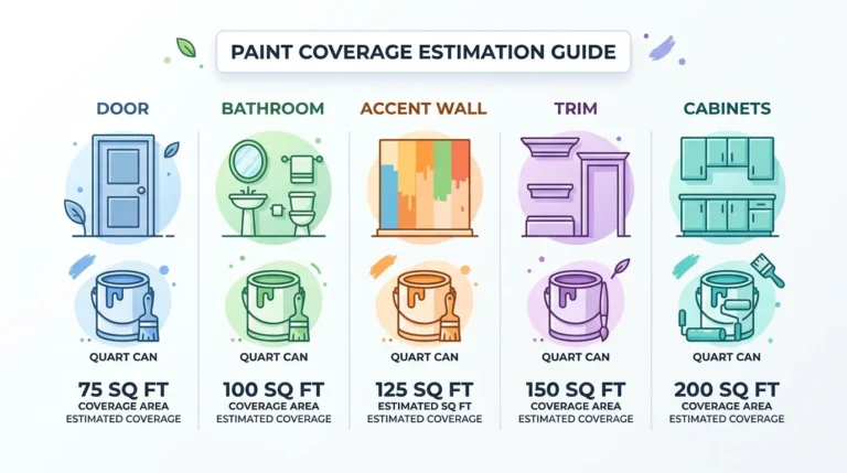 Infographic showing how much a quart of paint covers for different projects including door, bathroom, accent wall, trim, and cabinets with square footage estimates