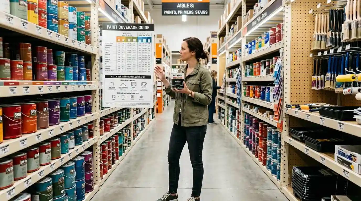 Woman in a paint store holding a quart paint can while reading a paint coverage guide chart — how much does a quart of paint cover for interior projects