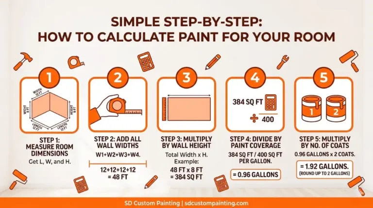 Simple 5 step infographic by SD Custom Painting showing how to calculate how much paint to buy by measuring room dimensions dividing by coverage and multiplying by number of coats