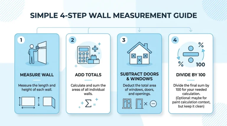 4-step infographic showing how to calculate how much paint you need — measure wall, add totals, subtract doors and windows, then divide by 100 for accurate paint quantity estimation