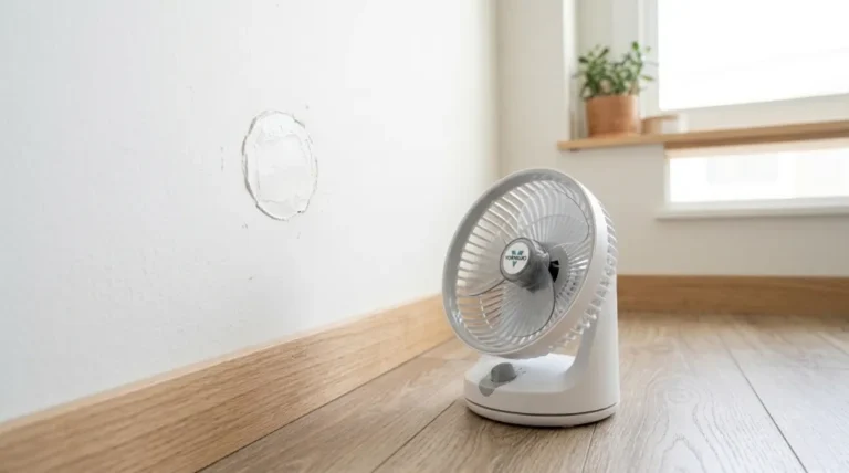 A small white desk fan placed on the floor facing a freshly spackled drywall hole to speed up spackle drying time indoors