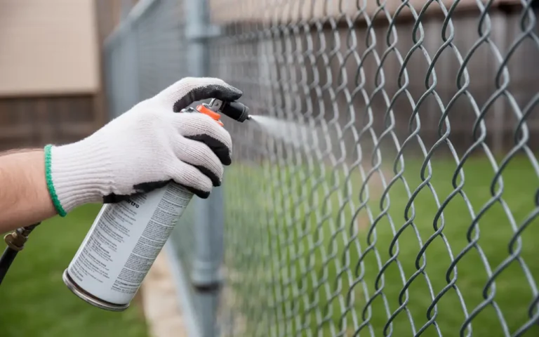 A person spray-painting a cyclone fence with protective gloves on, showing the proper way to apply paint to metal mesh fencing.