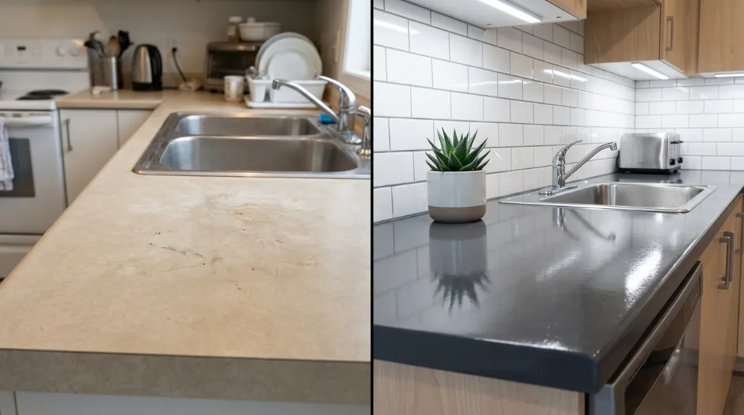 Before and after how to paint Formica countertops transformation showing stained beige laminate countertop painted to glossy dark grey finish