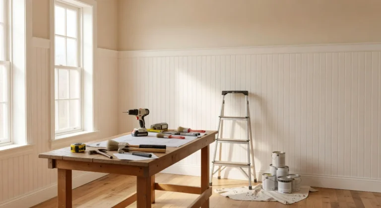 How to paint wainscoting — bright room with white beadboard panels, painting tools, and paint cans ready for a DIY interior project