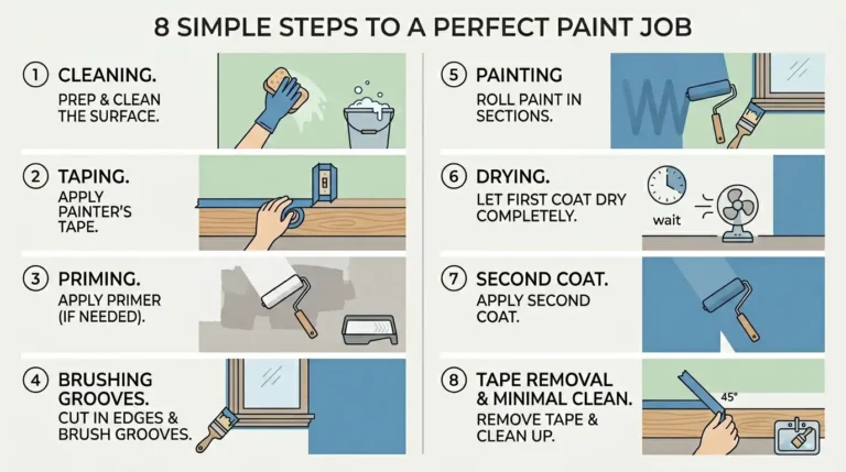 8-step infographic showing how to paint wainscoting — cleaning, taping, priming, brushing grooves, painting, drying, second coat, and tape removal